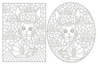 Boyalı cam tarzında, sevimli çizgi film tavşanları ve beyaz arka planda koyu renk çizgiler.