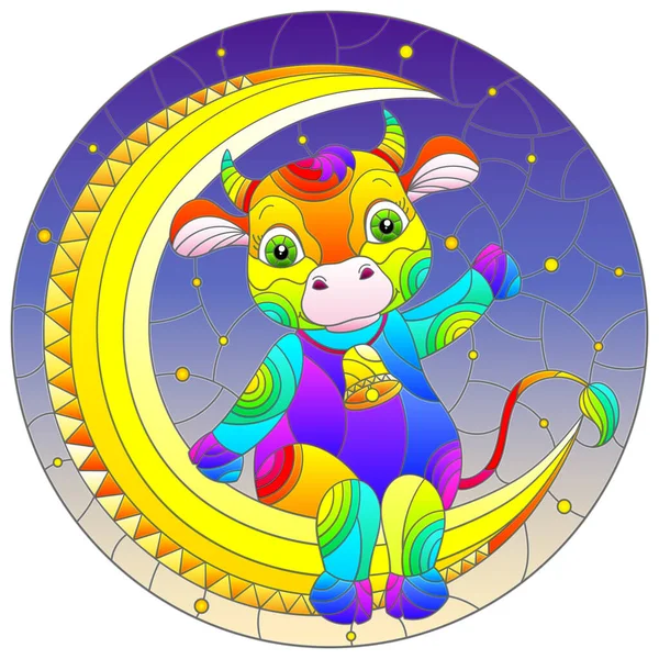 Stained Glass Illustration Cartoon Rainbow Cute Cow Night Sky Background — Stock Vector