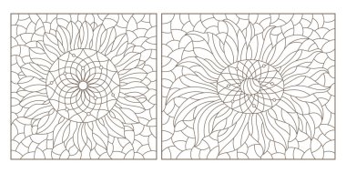 Boyalı cam tarzında, ayçiçeği çiçekli çizimler, beyaz arkaplanda koyu çizgiler, dikdörtgen şekiller.