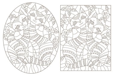 Hoş çizgi film kedileri ve beyaz arka planda koyu renk çizgileri olan boyalı cam şekilli çizimler.