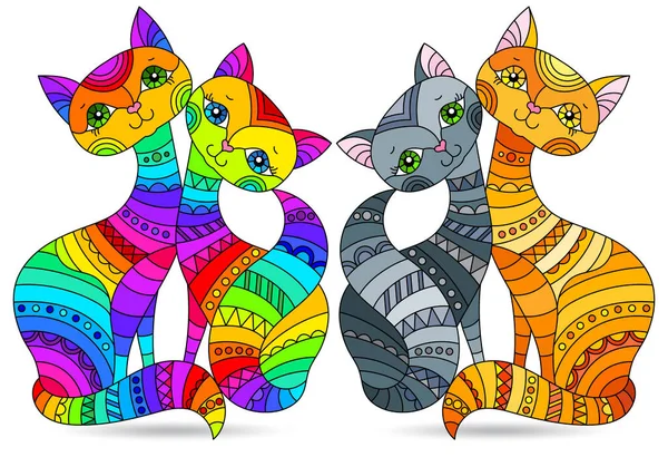 Conjunto Ilustraciones Estilo Vitral Con Gatos Brillantes Animales Aislados Sobre — Vector de stock