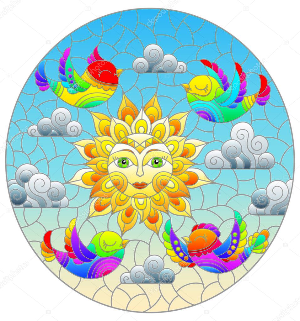Illustration in stained glass style with bright cute birds and a sun on a background of blue sky, oval image