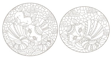 Soyut kedili mozaik cam tarzında tasvirler, beyaz arkaplanda koyu çizgiler, oval görüntüler