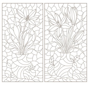 Çiçekli natürmort ve meyveli, beyaz arkaplan üzerinde koyu çizgiler, dikdörtgen şekilli resimler olan bir dizi desen çizimi.