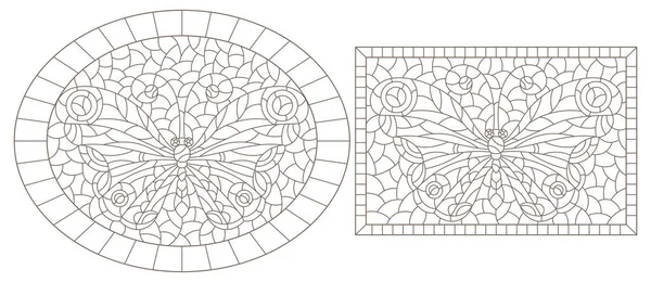 Set Illustrazioni Contorno Stile Vetrate Con Farfalle Cornici Contorni Scuri — Vettoriale Stock