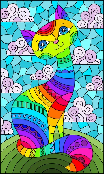 Stained Glass Illustration Rainbow Cartoon Cat Blue Sky Clouds Rectangular — Stock Vector