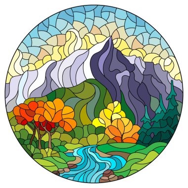 Illustration in the style of a stained glass window with an autumn landscape, a stream, trees and bushes against the background of mountains and the sky clipart