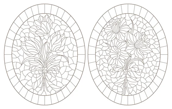 Série Illustrations Contour Vitrail Avec Bouquets Jonquilles Tulipes Contours Sombres — Image vectorielle