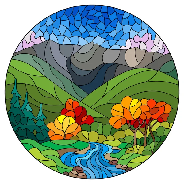 Illustration Stil Eines Glasfensters Mit Einer Herbstlichen Landschaft Einem Bach — Stockvektor