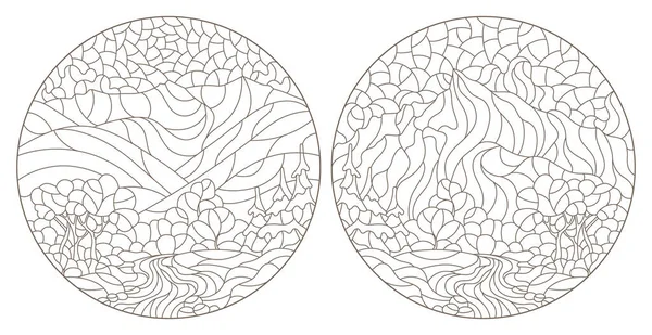 Dağ manzaralı mozaik cam tarzında çizimler, beyaz arkaplanda koyu çizgiler.