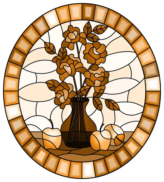 Illustration Vitrail Avec Des Bouquets Fleurs Roses Dans Vase Des — Image vectorielle