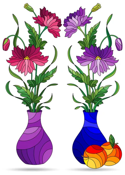 Sada Ilustrací Stylu Vitráže Květinovým Zátiší Vázy Květinami Izolované Bílém — Stockový vektor