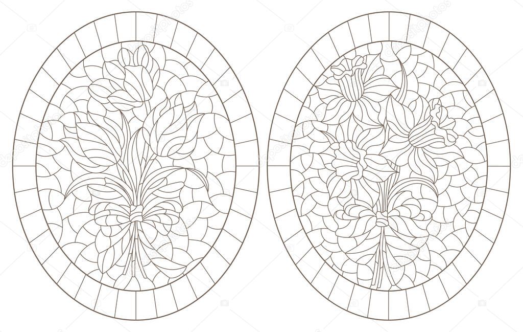 Set of contour illustrations in stained glass style with bouquets of daffodils and tulips, dark outlines on a white background, oval images in a frame