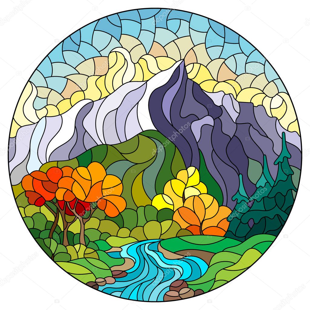 Illustration in the style of a stained glass window with an autumn landscape, a stream, trees and bushes against the background of mountains and the sky