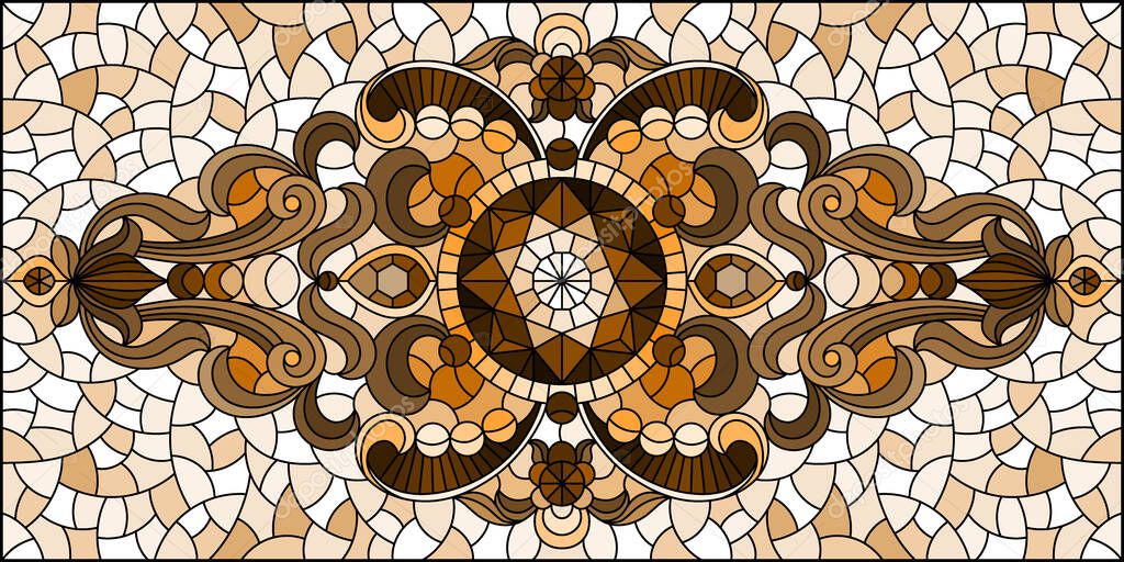 Illustration in stained glass style with abstract flowers, swirls and leaves  on a light background,horizontal orientation, sepia