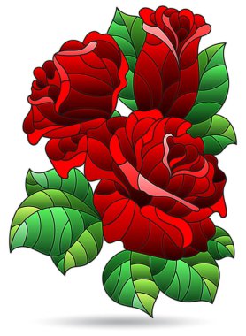 Kırmızı bir gül dalıyla renklendirilmiş cam bir resim, beyaz bir arkaplanda izole edilmiş bir çiçek.