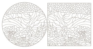 Dağ manzaralı mozaik cam tarzında çizimler, beyaz arkaplanda koyu çizgiler.