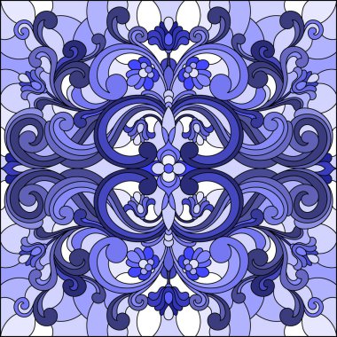 Soyut çiçekler, açık arkaplanda girdaplar ve yapraklar, tek renk, ton mavisi...