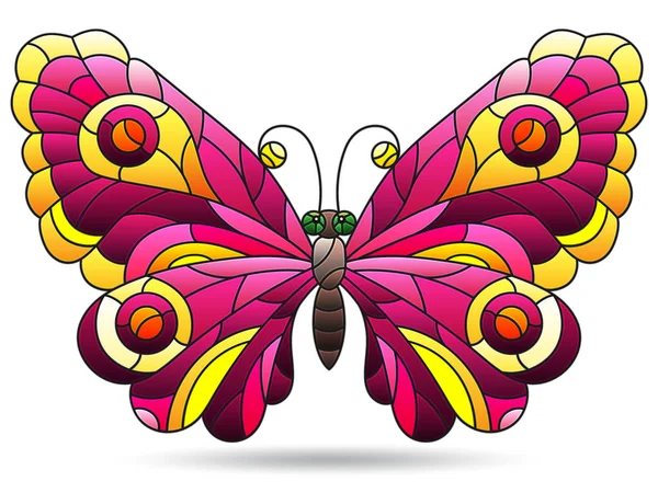 鮮やかなピンクの蝶とステンドグラスの窓のスタイルのイラスト 白い背景に隔離された動物 — ストックベクタ