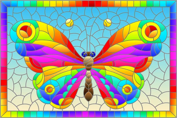 Illustration Stained Glass Style Bright Rainbow Butterfly Blue Background Bright — Stock Vector