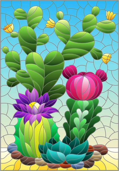 サボテン 砂漠と青空を背景に植物の組成物とステンドグラスのスタイルでイラスト — ストックベクタ