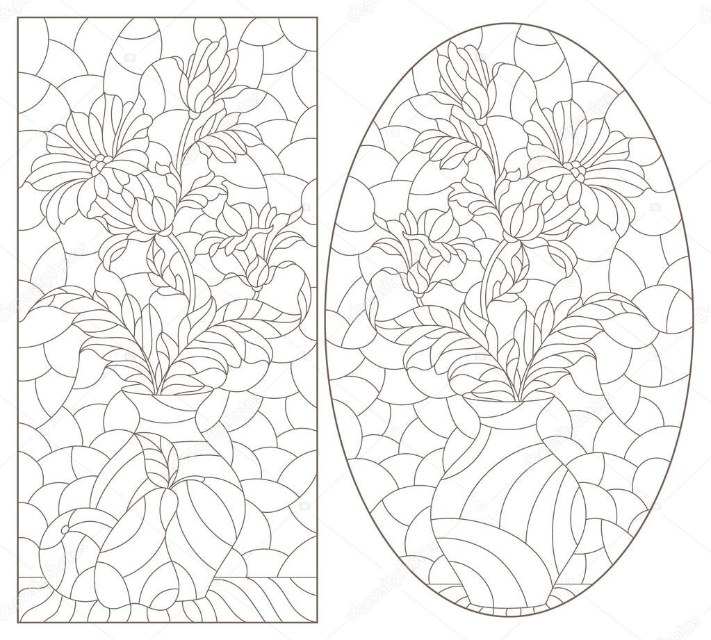 Set of contour illustrations in the style of stained glass with floral still lifes, dark outlines on a white background