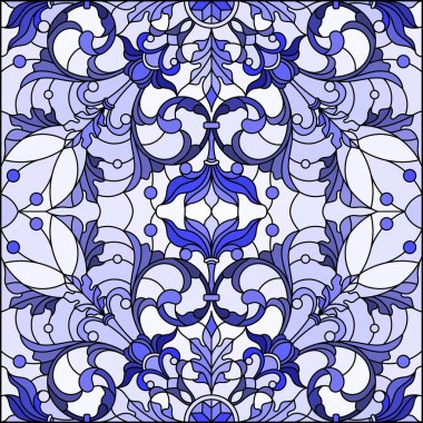 Soyut çiçekler, açık arkaplanda girdaplar ve yapraklar, tek renk, ton mavisi...