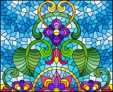 Mavi arkaplan üzerinde soyut çiçekler, yapraklar ve kıvrımlar, dikdörtgen yatay görüntü ile renklendirilmiş cam tarzında resimleme