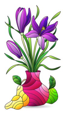 Çiçekli, durgun bir hayat, çiçek vazosu ve beyaz bir arka planda izole edilmiş meyve dolu bir vitrin.