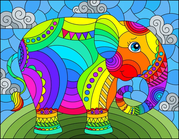 Illustration Dans Style Vitrail Avec Éléphant Arc Ciel Mignon Abstrait — Image vectorielle