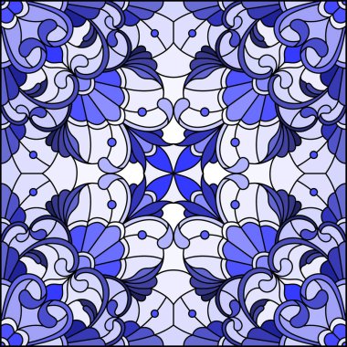 Soyut çiçekler, açık arkaplanda girdaplar ve yapraklar, tek renk, ton mavisi...