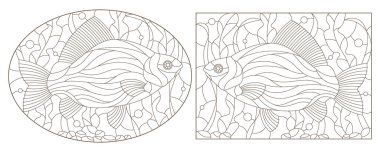 Lekelenmiş cam stilinde bir dizi çizim, arka planda sazan balığı, beyaz arka planda koyu renkli hatlar.