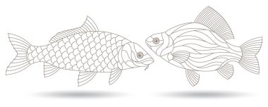 A set of contour illustrations in a stained glass style with abstract fishes, dark contours isolated on a white background clipart