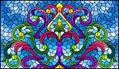 Mavi arkaplan üzerinde soyut çiçekler, yapraklar ve kıvrımlar, dikdörtgen yatay görüntü ile renklendirilmiş cam tarzında resimleme