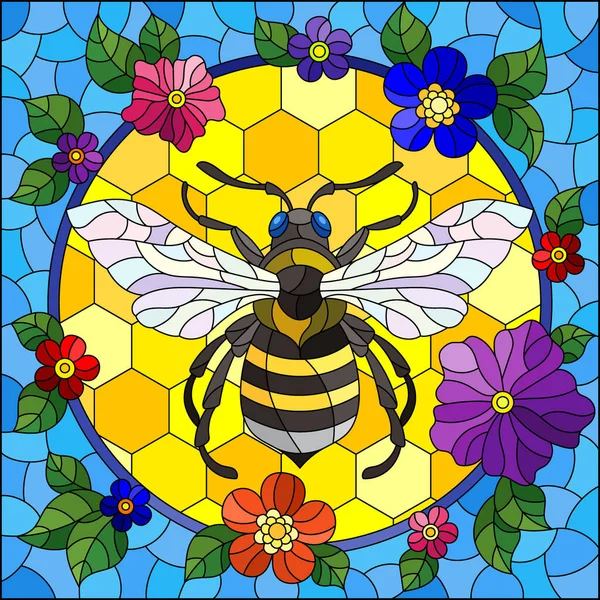 ミツバチや明るい花を背景に円の中に蜂がいるステンドグラスの窓のスタイルのイラスト 長方形のイメージ — ストックベクタ