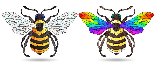 ミツバチや白を基調とした動物が描かれたステンドグラスのイラストがセットになっています — ストックベクタ