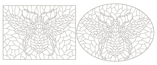 一组带有抽象蜜蜂的彩色玻璃样式的等高线插图 白色背景上的深色轮廓 — 图库矢量图片
