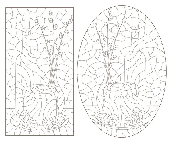 Ensemble Illustrations Contour Dans Style Vitrail Avec Pâques Natures Mortes — Image vectorielle