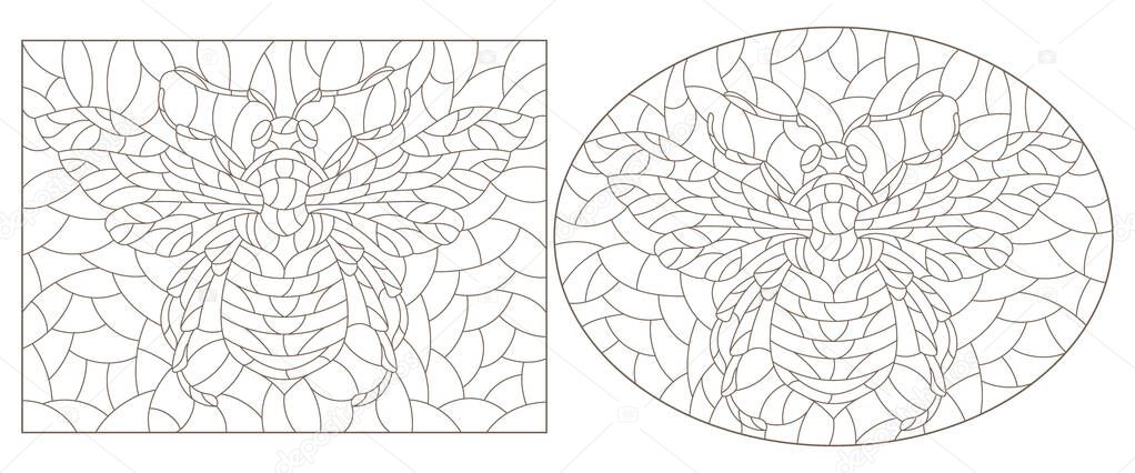 Set of contour illustrations in the style of stained glass with abstract bees, dark outlines on a white background