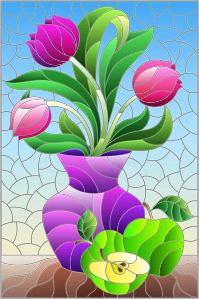 Ilustración Estilo Vitral Con Bodegón Floral Jarrón Con Tulipanes Brillantes — Vector de stock