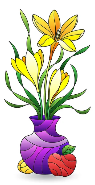 Ilustrace Stylu Vitrážového Okna Květinovou Zátiší Vázou Květin Ovoce Izolovaných — Stockový vektor