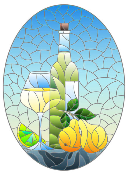 Illustration in the style of a stained glass window with a still life, a bottle of white wine, a glass and fruit on a blue background, oval image