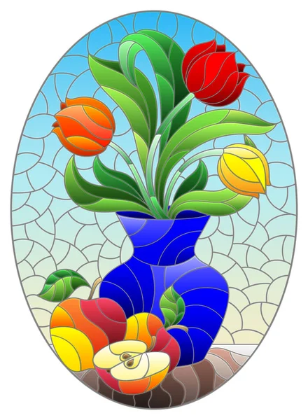 Illustration Glasmalereistil Mit Einem Floralen Stillleben Einer Vase Mit Hellen — Stockvektor