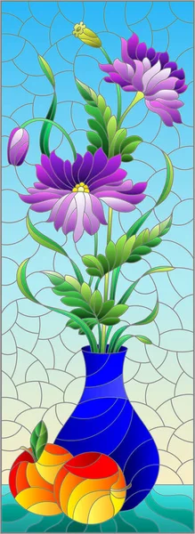 图片说明 彩色玻璃窗户的风格 花朵静止不动 花瓶上有紫色的花朵和蓝色背景的苹果 — 图库矢量图片