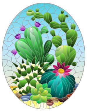 Illustration in stained glass style with a composition of cacti, plants against the background of the desert and the blue sky, oval image clipart