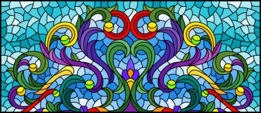 Mavi arkaplan üzerinde soyut çiçekler, yapraklar ve kıvrımlar, dikdörtgen yatay görüntü ile renklendirilmiş cam tarzında resimleme