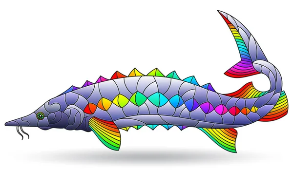 Вітражна Ілюстрація Райдужною Осетровою Рибою Тварина Ізольована Білому Тлі — стоковий вектор