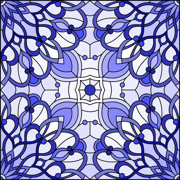色彩斑斓的玻璃图案 带有抽象的花朵 旋涡和叶子 背景浅 色调蓝 — 图库矢量图片