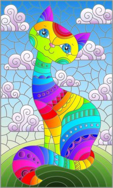 Gökkuşağı renkli çizgi film kedisiyle lekeli cam çizimi bulutlu, dikdörtgen şekilli mavi gökyüzüne karşı