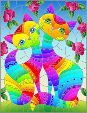 Mavi gökyüzüne ve gül çiçeklerine karşı gökkuşağı çizgi film kedileriyle lekelenmiş cam çizimler